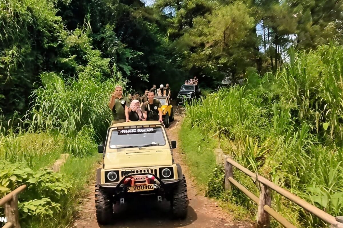 Wisata Fun Jeep Adventure melintasi perkebunan Apel dekat lereng Gunung Arjuna.